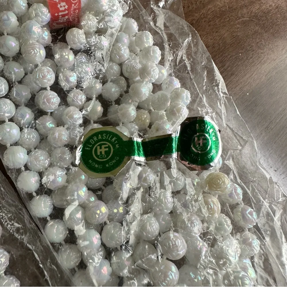 3 packs of Vintage 1950s HF Co. Florasilk Iridescent White Rose Beaded Garland